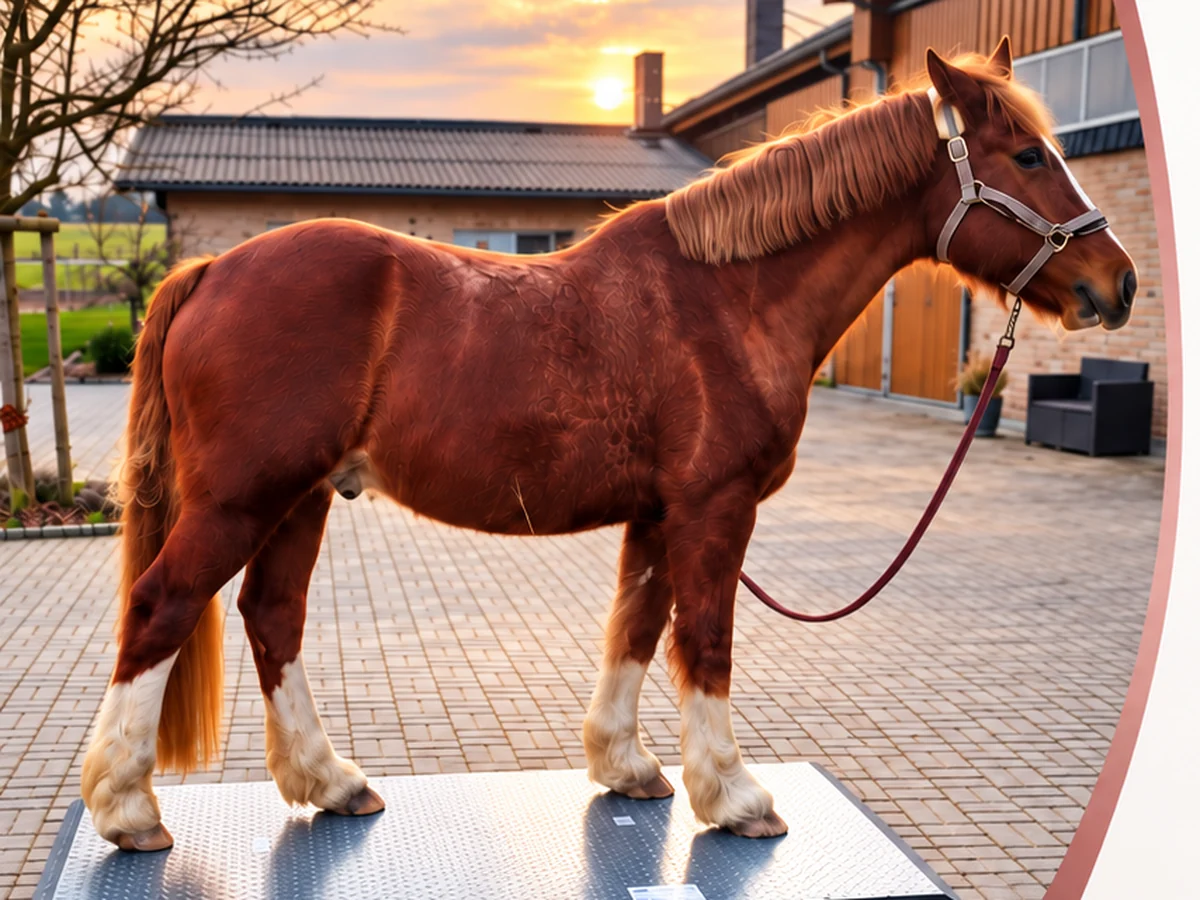 Pferd auf der mobilen Pferdewaage im Stallhof